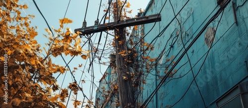 A wooden pole with power lines against a blue wall, with fall foliage.
