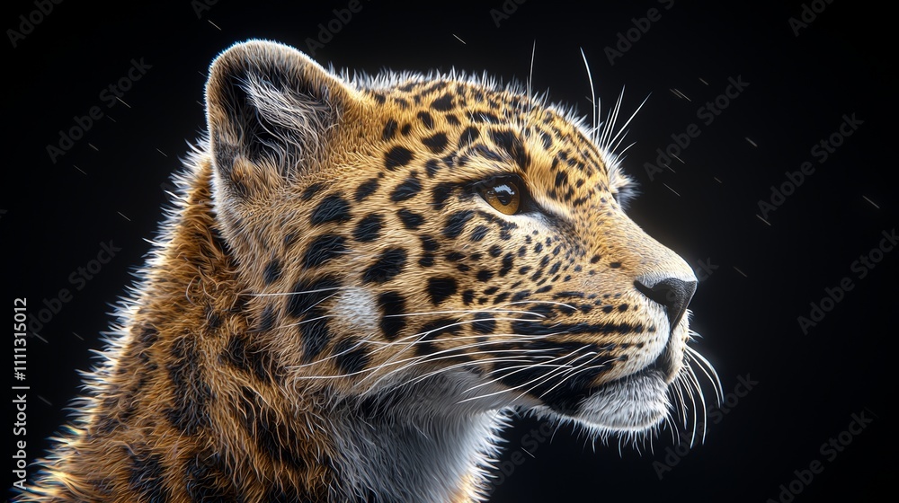 Obraz premium Bold leopard profile, focusing on intense expression and rich textures of fur, digital art style with dark background for dramatic effect