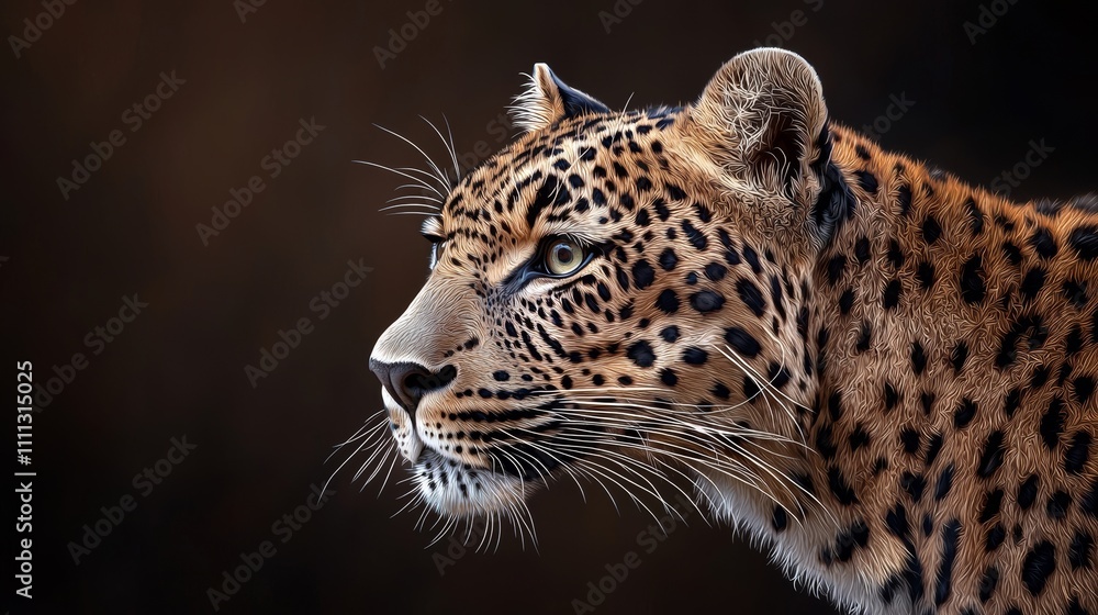 Bold leopard profile, focusing on intense expression and rich textures of fur, digital art style with dark background for dramatic effect