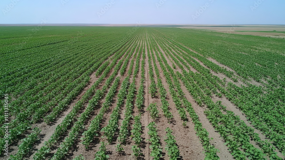 Expansive Green Crop Field Under Clear Blue Sky with Rows of Growing Plants in a Sunny Agricultural Landscape Showing Agricultural Practices and Farming Techniques Expansive Green Crop Field Under Clear Blue Sky with Rows of Growing Plants in a Sunny Agricultural Landscape Showing Agricultural Practices and Farming Techniques