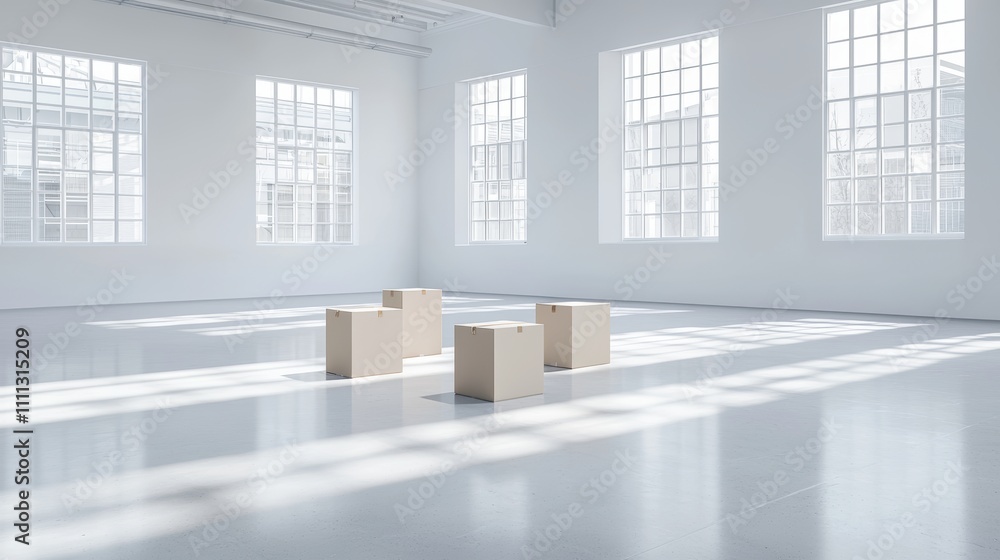 Cardboard boxes scattered in a spacious apartment, natural lighting, empty space suggesting new beginnings, ideal for real estate ads Cardboard boxes scattered in a spacious apartment, natural lighting, empty space suggesting new beginnings, ideal for real estate ads