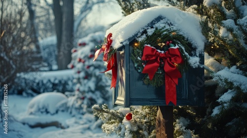 Decorated mailbox with holiday ribbons and a small wreath, surrounded by snow photo