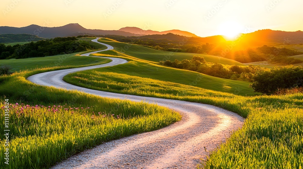 Fototapeta premium A winding, sunlit country road bordered by vivid wildflowers, leading toward lush, rolling hills, exuding natural beauty and peaceful solitude