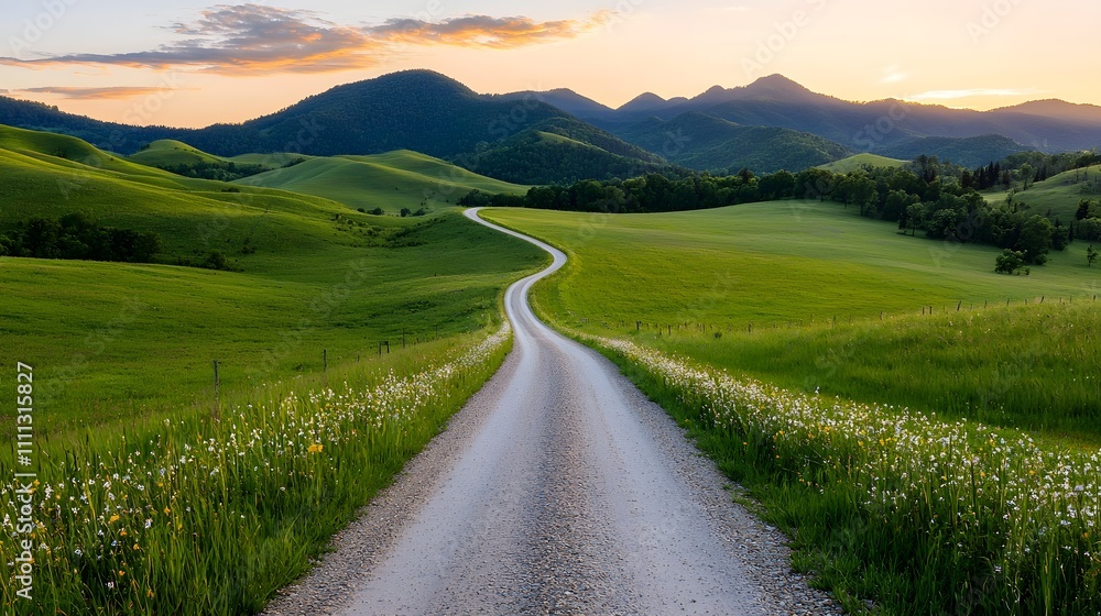 A winding, sunlit country road bordered by vivid wildflowers, leading toward lush, rolling hills, exuding natural beauty and peaceful solitude A winding, sunlit country road bordered by vivid wildflowers, leading toward lush, rolling hills, exuding natural beauty and peaceful solitude