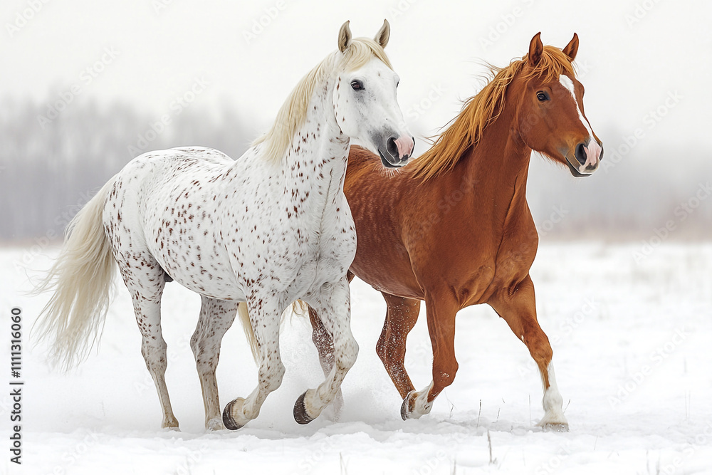 Two Horses Running Through Snowy Winter Field Two Horses Running Through Snowy Winter Field
