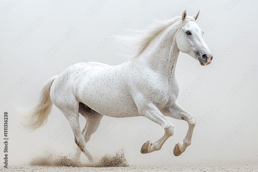 Fototapeta premium A White Spotted Horse Gallops Across Sandy Ground