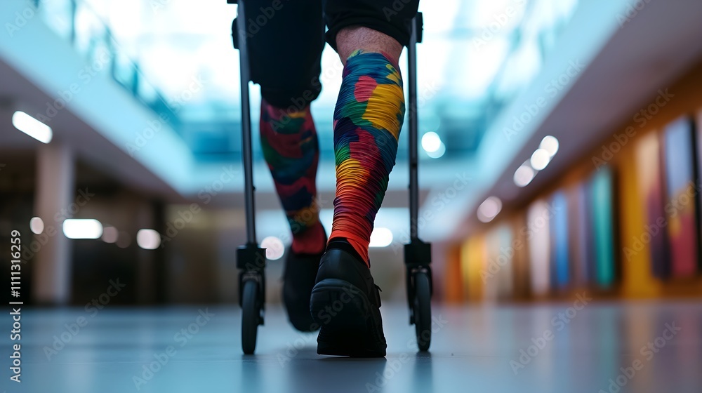 Obraz premium Man with a brightly decorated cast on his leg, using a walker to stroll through an art gallery, viewing paintings with quiet determination
