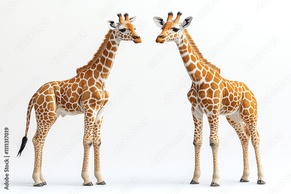 Obraz premium Two Young Giraffes Facing Each Other on White Background