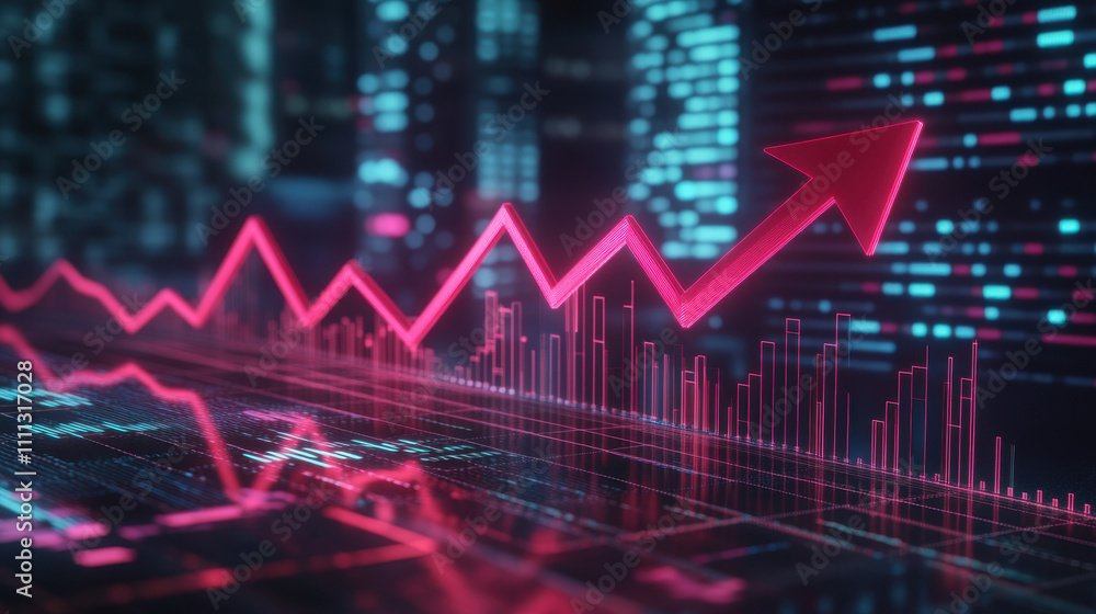 Naklejka premium 3D render of pink arrow pointing up, symbolizing growth and success in financial markets. background features digital data and graphs, conveying sense of progress and innovation