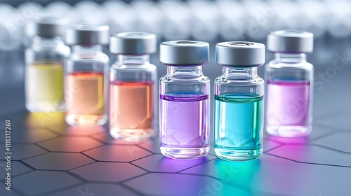 Glass vials, filled with colorful liquid samples, on sleek lab surface