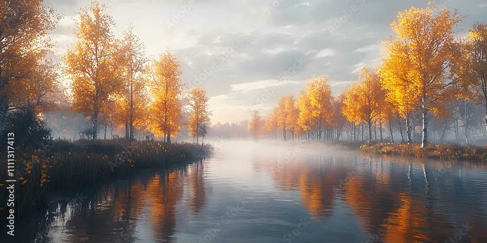 A serene autumn landscape featuring a calm river reflecting vibrant orange and gold foliage from surrounding trees, enveloped in a gentle morning mist. A serene autumn landscape featuring a calm river reflecting vibrant orange and gold foliage from surrounding trees, enveloped in a gentle morning mist.