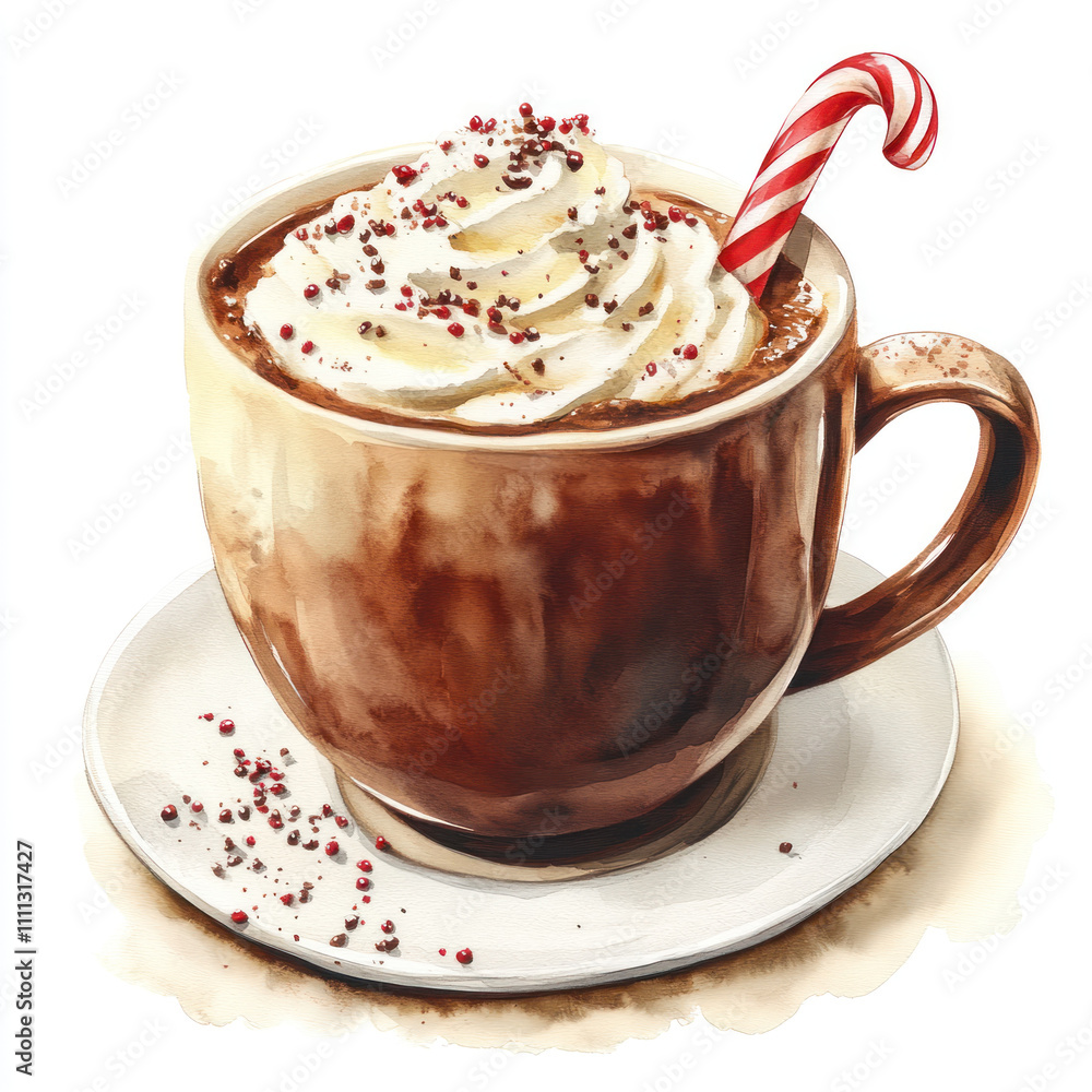 Watercolor steaming mug of hot chocolate topped with whipped cream and candy cane, perfect for cozy moments. Enjoy rich flavors and festive spirit!. Watercolor steaming mug of hot chocolate topped with whipped cream and candy cane, perfect for cozy moments. Enjoy rich flavors and festive spirit!.