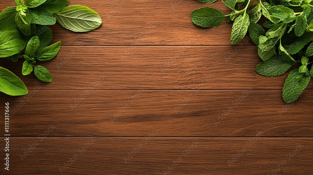 A wooden table with green leaves on it A wooden table with green leaves on it