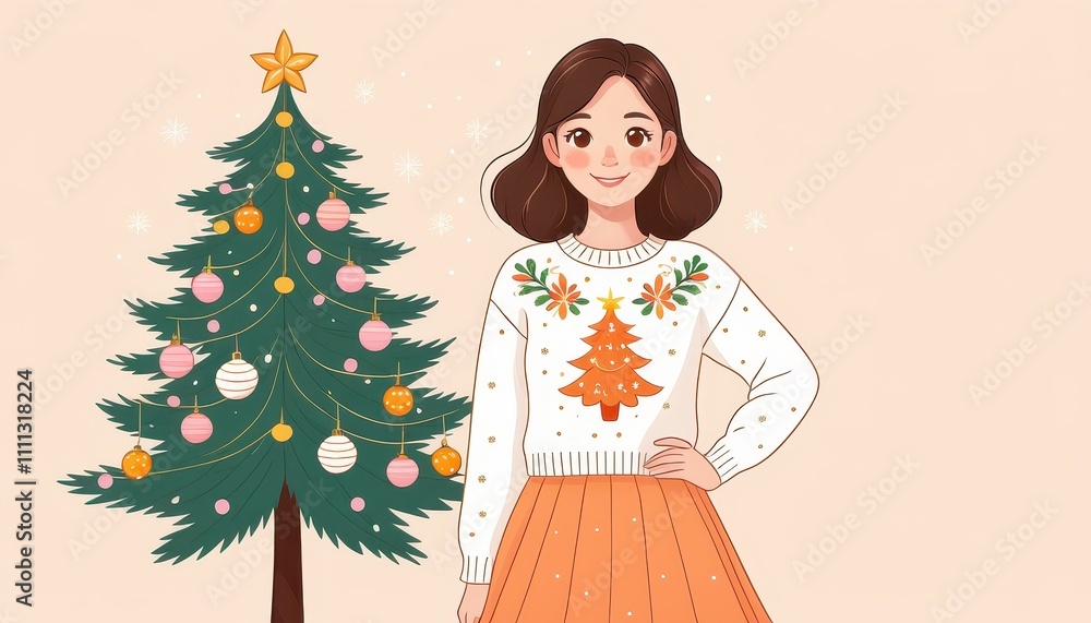 A Delightful Christmas Portrait: Young Woman in Festive Sweater Near Decorated Christmas Tree A Delightful Christmas Portrait: Young Woman in Festive Sweater Near Decorated Christmas Tree