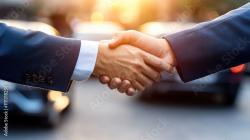 close up shot of two business professionals shaking hands, symbolizing agreement and partnership in professional setting. warm sunlight adds positive atmosphere