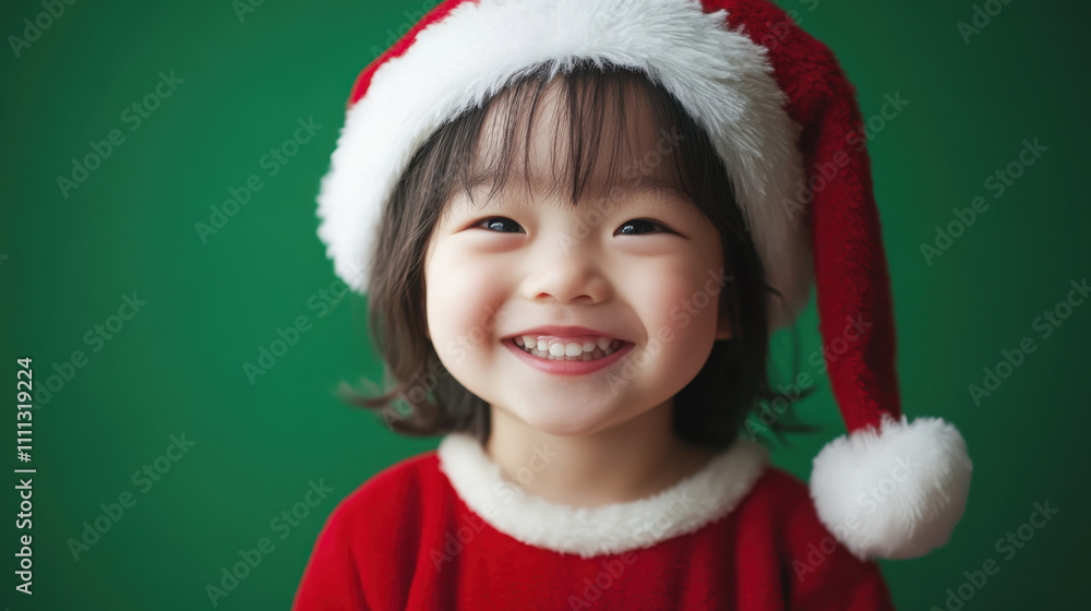 joyful child wearing Santa Claus costume and hat, smiling brightly against green background. festive spirit is captured in this cheerful moment joyful child wearing Santa Claus costume and hat, smiling brightly against green background. festive spirit is captured in this cheerful moment