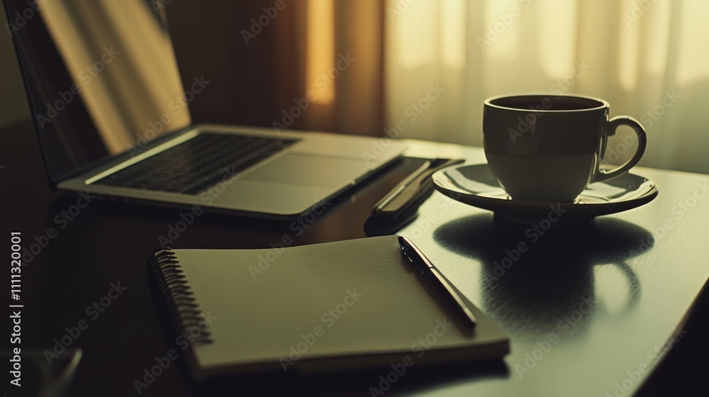 Modern Workspace Flat Lay with Laptop, Coffee, Notebook, and Elegant Stationery in Soft Natural Light Modern Workspace Flat Lay with Laptop, Coffee, Notebook, and Elegant Stationery in Soft Natural Light