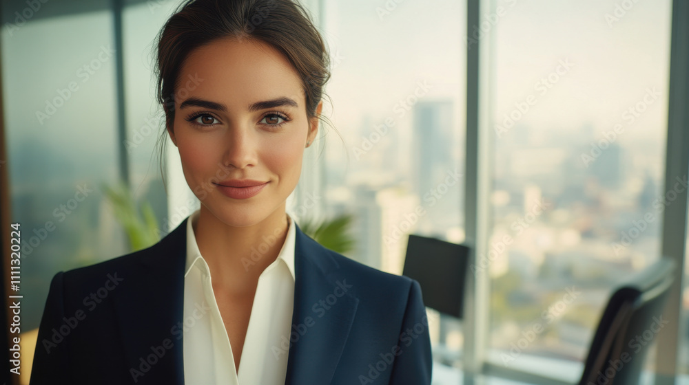 Confident woman in stylish suit, smiling in modern office setting with city view. Her professional demeanor reflects success and ambition Confident woman in stylish suit, smiling in modern office setting with city view. Her professional demeanor reflects success and ambition