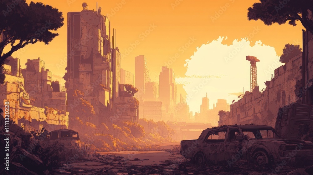 Post-apocalyptic cityscape with overgrown skyscrapers, crumbling roads, and rusted vehicles, bathed in a dim orange sunset glow. Post-apocalyptic cityscape with overgrown skyscrapers, crumbling roads, and rusted vehicles, bathed in a dim orange sunset glow.