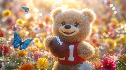 Happy teddy bear holding football in flower field.