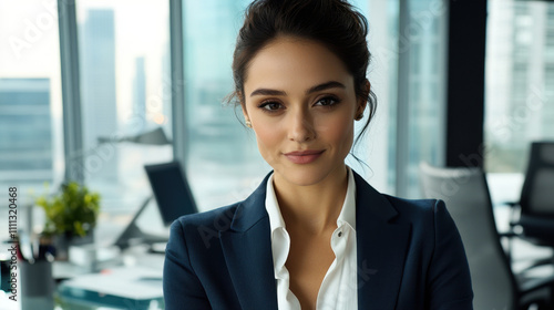 confident woman in stylish suit stands in modern office, exuding professionalism and poise. bright, contemporary workspace enhances her strong presence