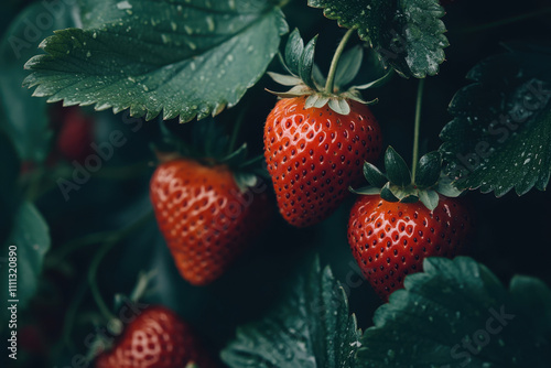 Fresh strawberries growing on plant, glistening with dew, create vibrant and inviting scene. Their rich red color contrasts beautifully with lush green leaves photo