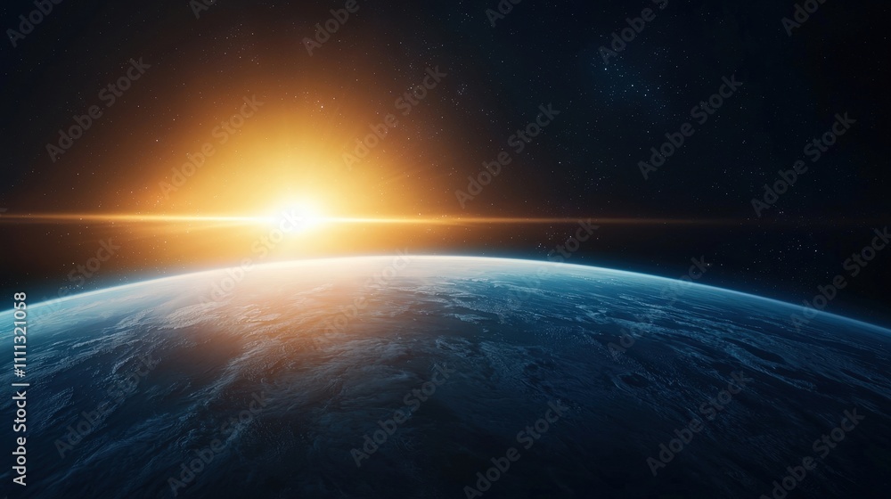 Fototapeta premium The sun is setting on the planet Earth, casting a warm glow over the surface