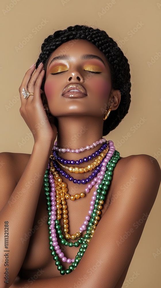 A woman is wearing a necklace with many beads A woman is wearing a necklace with many beads