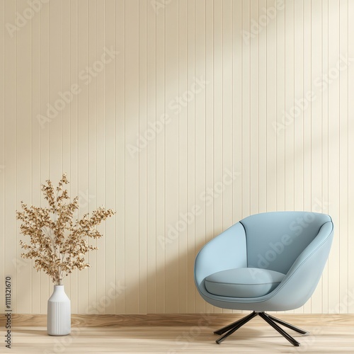 A blue chair sits in front of a white wall