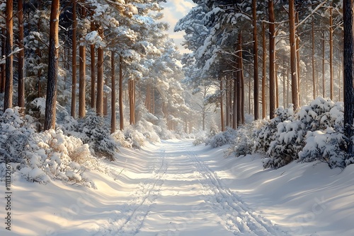 A serene winter landscape showcasing a snow-covered path winding through a tranquil forest of tall pine trees, casting gentle shadows in the soft morning light. photo