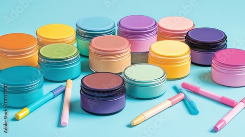 Colorful Arrangement of Paint Jars and Markers on a Bright Blue Surface Showcasing Vibrant Hues Perfect for Creative Projects and Artistic Endeavors photo