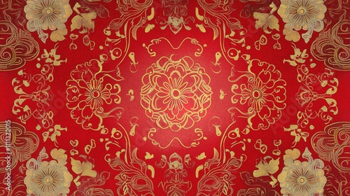 Elegant Chinese New Year background featuring intricate red and gold patterns with floral accents and festive symbols, creating a vibrant and festive atmosphere perfect for celebrations, decorations,  photo