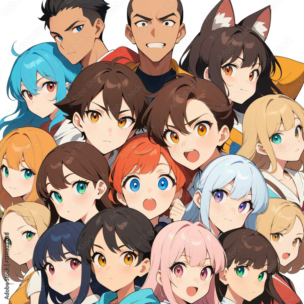 A vibrant collage of anime characters each with unique hair colors, eye expressions, and styles, representing diverse personalities and emotions in a dynamic mixture. A vibrant collage of anime characters each with unique hair colors, eye expressions, and styles, representing diverse personalities and emotions in a dynamic mixture.