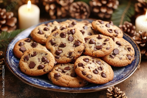 A plate of chocolate chip cookies surrounded by pinecones and candles, evoking a cozy atmosphere.