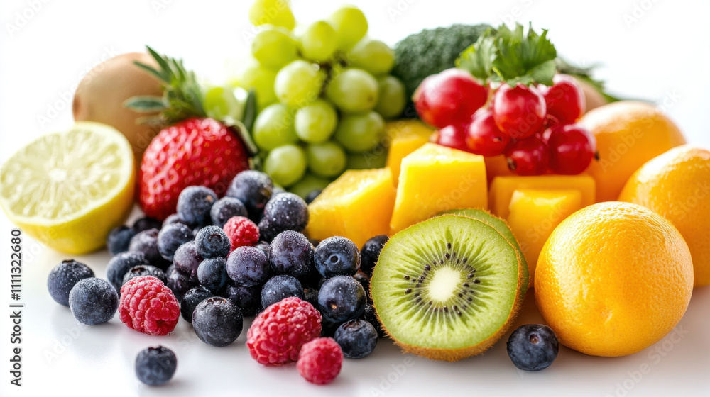 Fresh colorful fruits including strawberries, grapes, kiwi, and lemons create vibrant display. This assortment is perfect for healthy eating and adds cheerful touch to any meal Fresh colorful fruits including strawberries, grapes, kiwi, and lemons create vibrant display. This assortment is perfect for healthy eating and adds cheerful touch to any meal