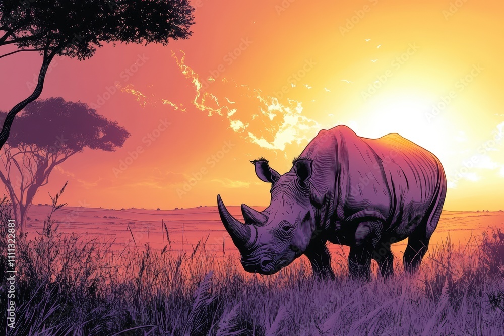 Fototapeta premium A stylized rhino stands in a vibrant sunset landscape, highlighting wildlife conservation.