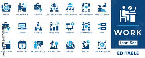 Work Icon Set. Features editable icons for work symbols, career, job, office, business, and more. Perfect for business, HR, and workplace designs.
