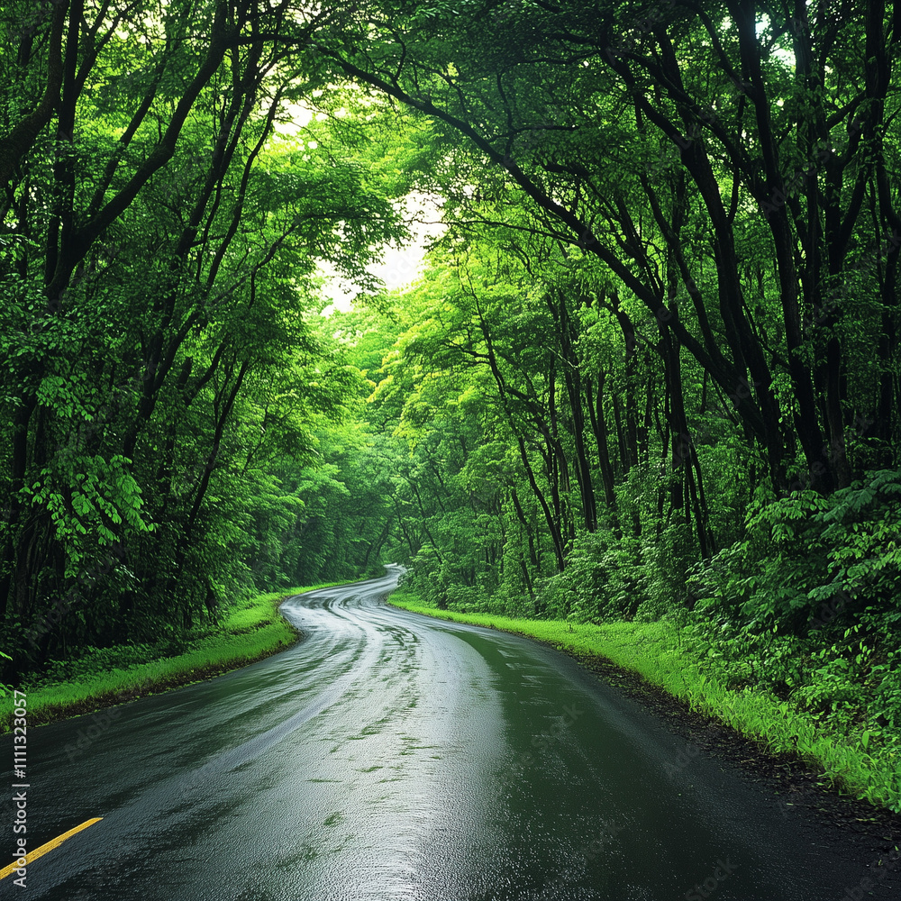 Naklejka premium Flat view of road through green forest, healthy rain forest,