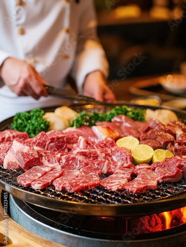 Grilling succulent meats at a japanese bbq restaurant culinary experience indoor setting close-up view food culture