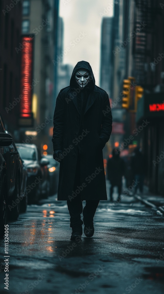 Obraz premium Portrait of a lone figure in a black coat and Vendetta mask, walking along a New York street at evening; shrouded in mystery, with cinematic color grading enhancing the dramatic, anonymous feel