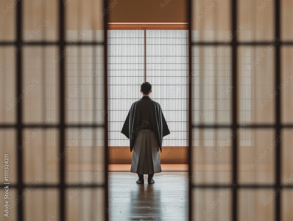Cultural reflection of a person in traditional attire japanese interior minimalistic serene human experience Cultural reflection of a person in traditional attire japanese interior minimalistic serene human experience
