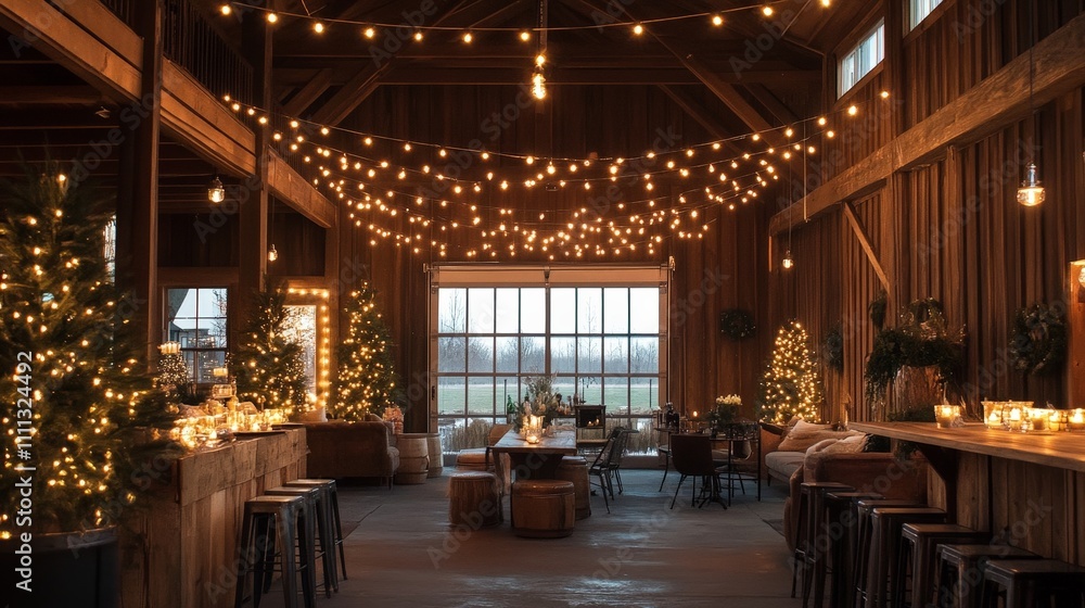 Rustic New Year Eve party with farmhouse and warm, festive lighting Rustic New Year Eve party with farmhouse and warm, festive lighting