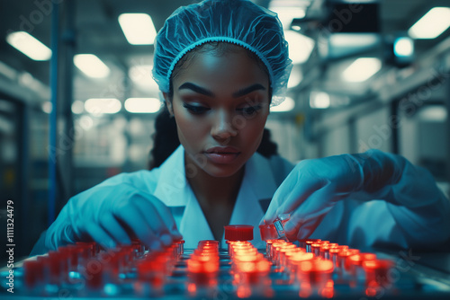 Side profile of a female pharmaceutical lab scientist pharmacist examining medical vials In a healthcare factory	 photo