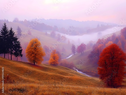 A serene autumn landscape features vibrant orange and red trees amidst rolling hills, shrouded in soft morning mist. The tranquil scene evokes a sense of calm and beauty. photo