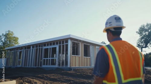 A cinematic shot of a construction manager supervising the installation of modular classrooms for an educational campus expansion, Educational facility scene, Modular construction style