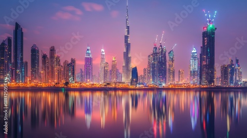 Skyline with iconic buildings illuminated in New Year Eve lights, celebrating the transition to a new year