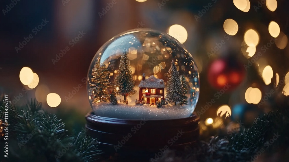 Snow globe with a miniature Christmas scene inside, sparkling as it shaken Snow globe with a miniature Christmas scene inside, sparkling as it shaken