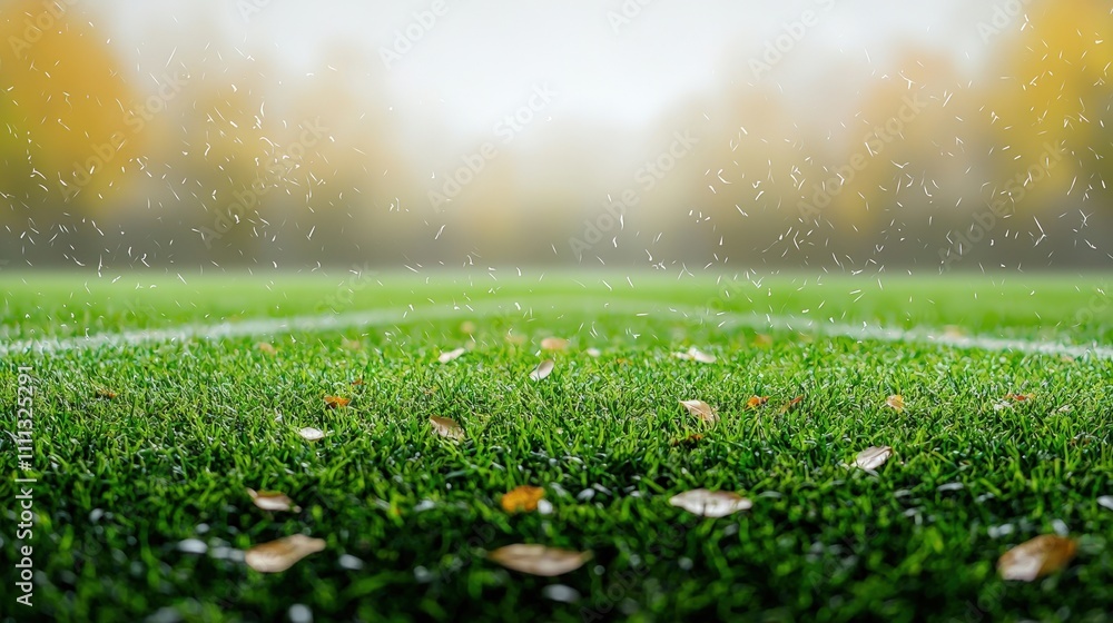 Obraz premium A field of grass with leaves scattered across it