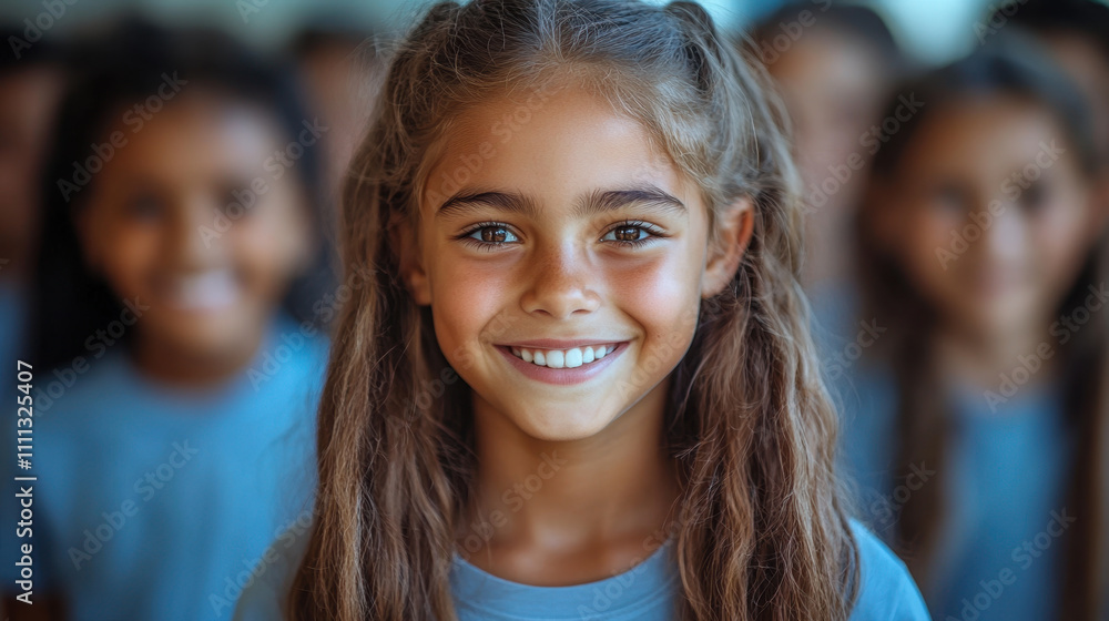 Smiling girl with long hair in group of children wearing blue shirts, showcasing joy and camaraderie Smiling girl with long hair in group of children wearing blue shirts, showcasing joy and camaraderie
