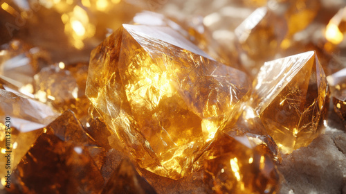 Shimmering golden crystals with intricate facets reflecting light, creating warm glow. natural beauty of these half destructed crystals captivates eye